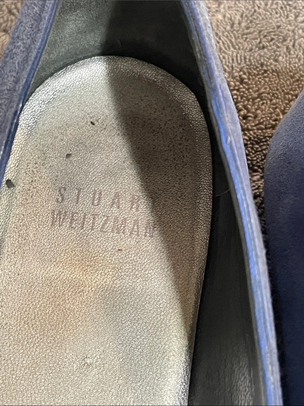 Stuart Weitzman Navy Suede Pointed Toe Flats with Crystal Buckle Accent